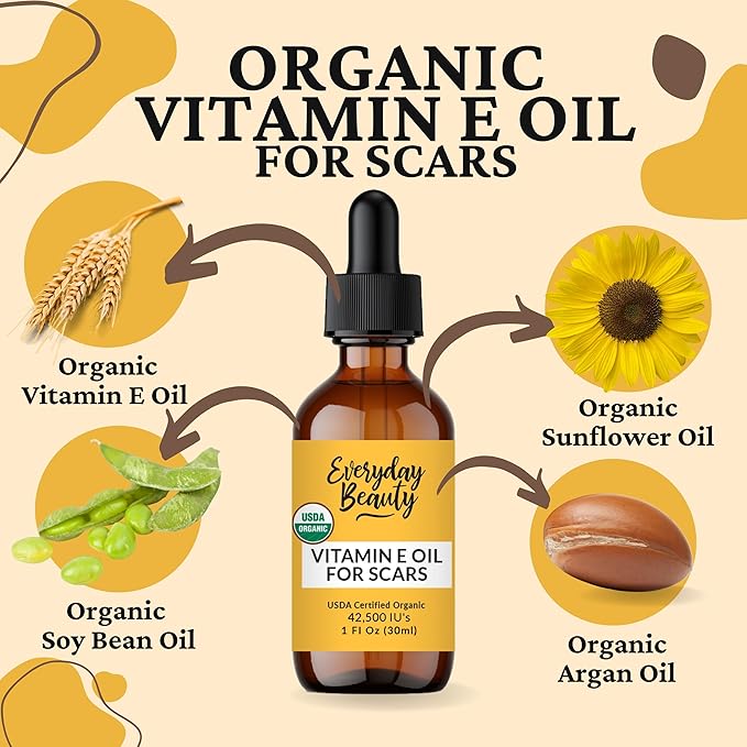 Organic Vitamin E Oil for Scars - All Natural & Vegan Skin Moisturizer 1oz - Light and Unscented Great for Scars After Surgery - Reduce Wrinkles, Anti Aging, Lighten Dark Spots - Face, Skin & All Over