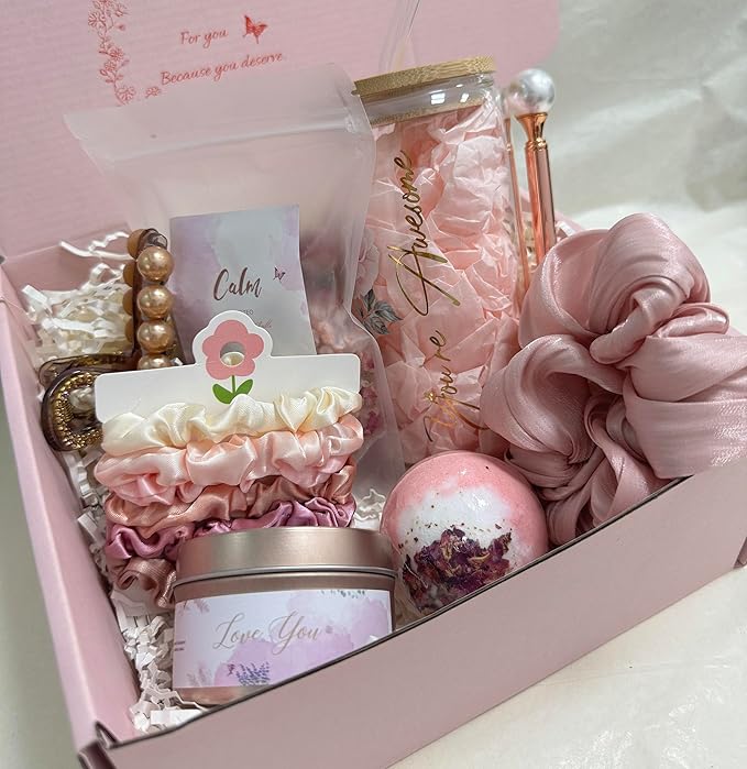 Birthday Gift Box for Women – Rose Gold Pink Aesthetic Gifts for Her – Self Care Relaxation Package for Wife, Girlfriend, Sister, Best Friend – Unique Spa Gift Idea (gold)