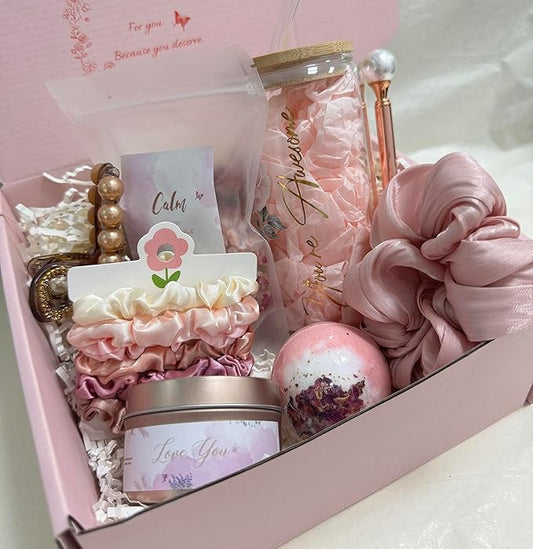 Birthday Gift Box for Women – Rose Gold Pink Aesthetic Gifts for Her – Self Care Relaxation Package for Wife, Girlfriend, Sister, Best Friend – Unique Spa Gift Idea (gold)