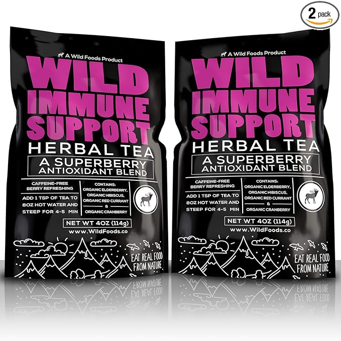Wild Foods Immune Support Tea | Organic Elderberry, Currant, Hibiscus and Cranberry | Superberry Antioxidant Blend Loose Leaf Herbal Teas | Natural Immunity Boost | (TWO x 4 ounce)