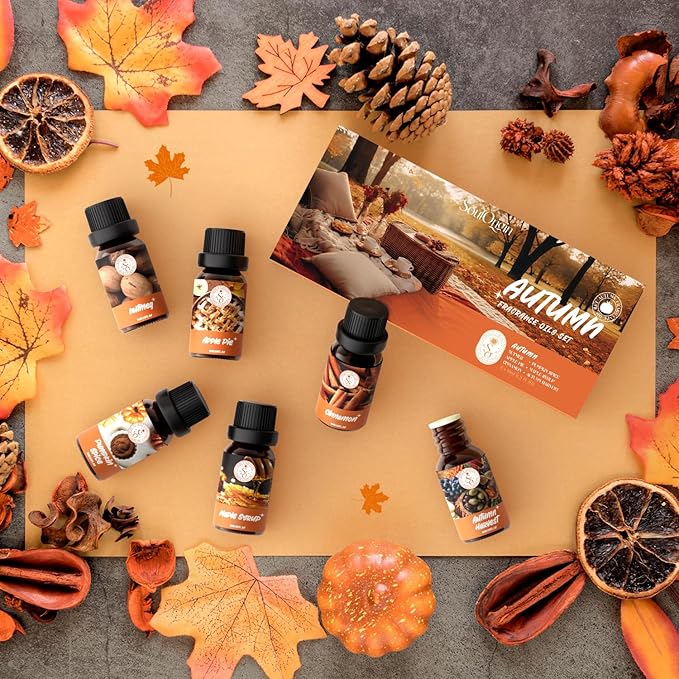 Autumn Essential Oils Set, Fragrance Oil Gift Set for Oil Diffusers, Scented Oils for Soap Candle Making 6x10ml - Pumpkin Spice, Nutmeg, Apple Pie, Autumn Harvest, Cinnamon, and Maple Syrup