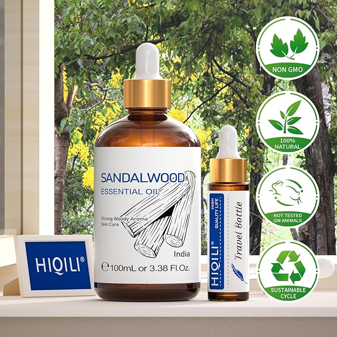 HIQILI Sandalwood Essential Oils, Long-Lasting Scent for Perfume, Diffuser, Soap Making & Candle- 3.38 Fl Oz