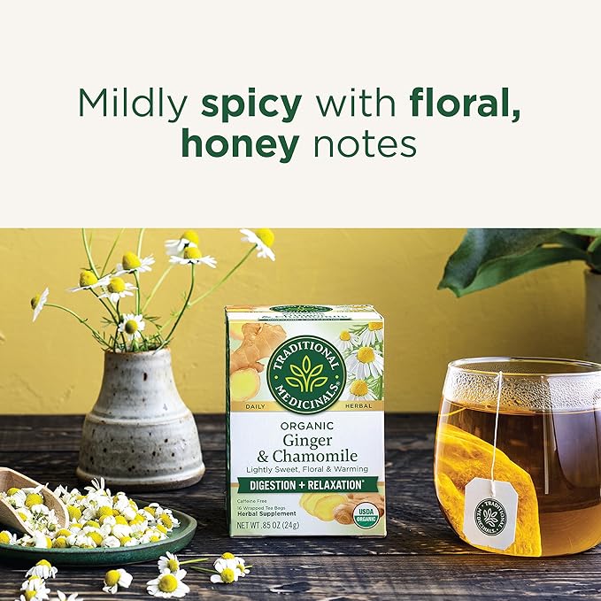 Traditional Medicinals Tea, Organic Ginger & Chamomile, Occasional Nausea & Indigestion Relief, 16 Tea Bags