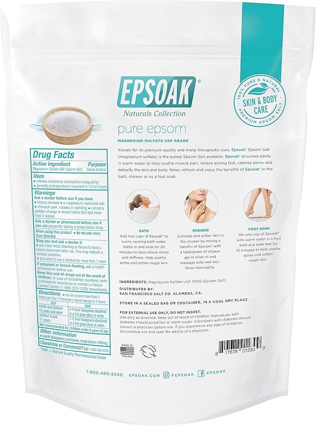 Epsoak Epsom Salt 2 lb. Magnesium Sulfate USP. (Qty. 1 x 2lb. Bags) Resealable Epsom Salt Bulk Bags Unscented, Made in The USA, Cruelty-Free Certified