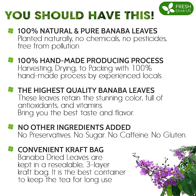 FreshDrinkUS, Premium 50+ Banaba Dried Leaves, 100% Natural & Pure from Whole Banaba Leaves, Banaba Leaf Tea, No Additives, No Caffeine, Vegan
