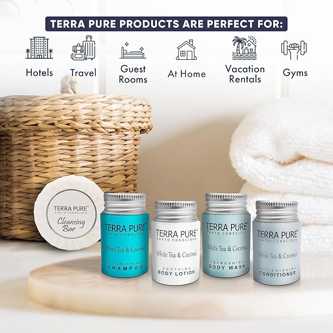Terra Pure White Tea & Coconut Toiletries Set | 1-Shoppe Amenities Kit | 1oz Liquids, 1.25oz Bar Soap | Hotels, Airbnb & Rentals | 75 Pieces
