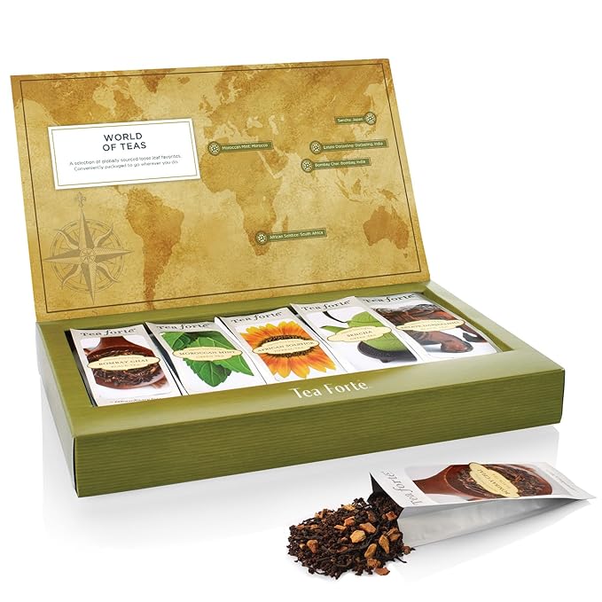 Tea Forte World of Teas Single Steeps Loose Leaf Premium Tea Gift Set Sampler, 15 Count 3 of Each Assorted Blends, Pre-Portioned Single Serve Pouches, Steeps 12 oz