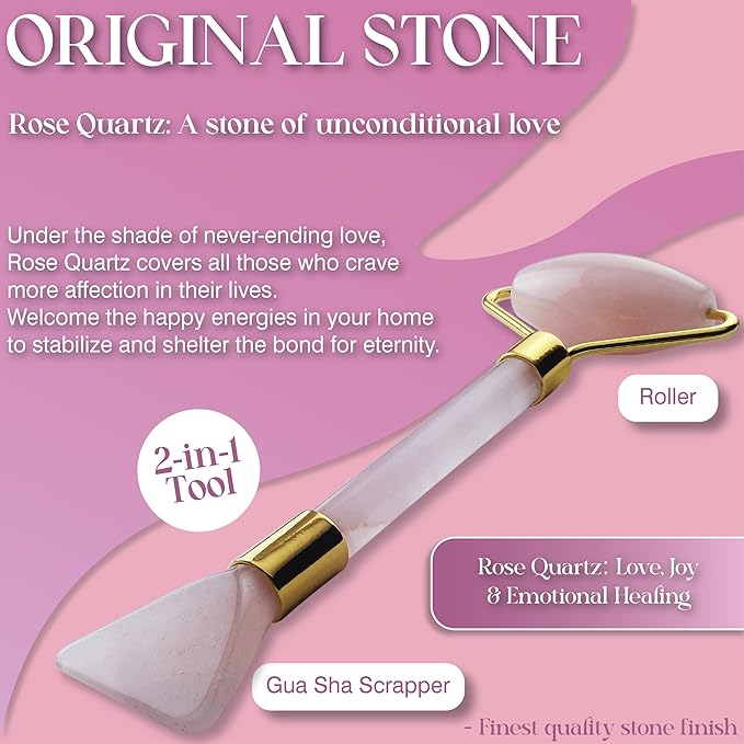 Rose Quartz Face Roller Gua Sha - Rose Quartz Gua Sha Skin Care Set Includes Pink Face Roller & Scraper Tool, Face Sponge, Scented Candle, & Crystal Oil Bottle