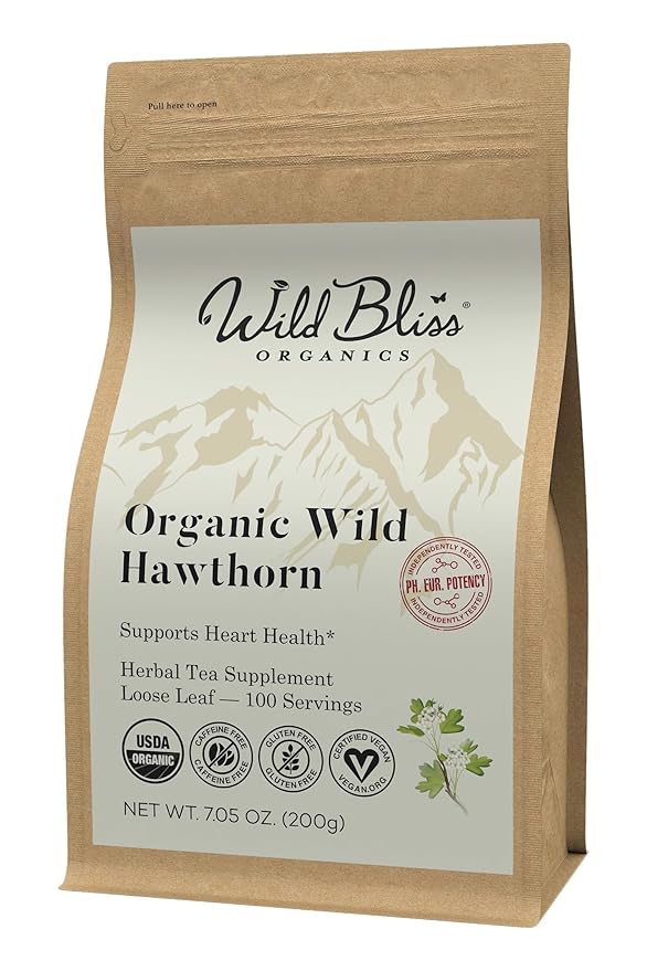 Wild Bliss Organic Hawthorn Tea - Caffeine Free Loose Leaf and Flower Herbal Tea - Pharmacopoeia Potency - 100 Servings