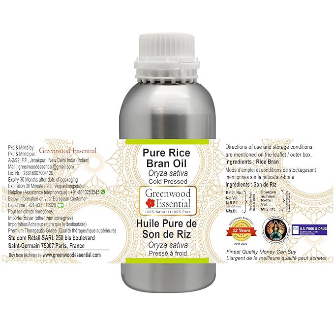 Pure Rice Bran Oil (Oryza sativa) Cold Pressed 630ml (21 oz)