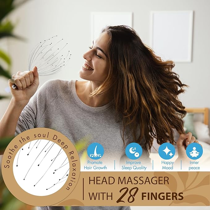 Head Massager 28 Fingers Scalp Massager Head Scratcher, Back Massage Back Scratcher, Stocking Stuffers for Scalp and Body Massage (Silvery)