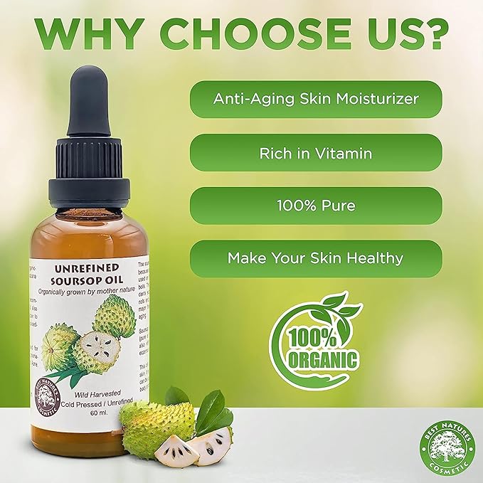 Best Nature's Cosmetics Virgin Soursop Graviola Guanabana Oil (Organic, Undiluted, Cold Pressed, Unrefined) 4 oz / 120 ml – Natural Moisturizer for Dry and Damaged Skin.
