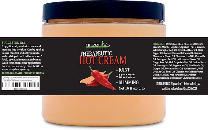 GreenIVe Hot Cream Massage Lotion for Joints Muscles and Skin Tighting Wraps Hot & Cold Sensation Bulk Jar (16oz Jar)