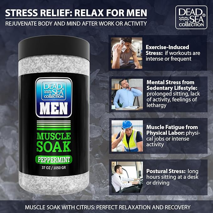 Dead Sea Collection Bath Salts for Men with Peppermint Oil - Muscle Recovery Bath Soak – Mens Pure Dead Sea Salt for Soothing and Relaxing – 37 Oz