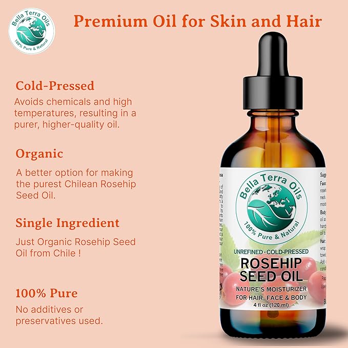 Bella Terra Oils - Organic Rosehip Facial Oil 8 oz - Dive into Organic Rosehip's Essential Fatty Acids & Antioxidants, Infused with Vitamin F, Elevate Daily Face Rituals