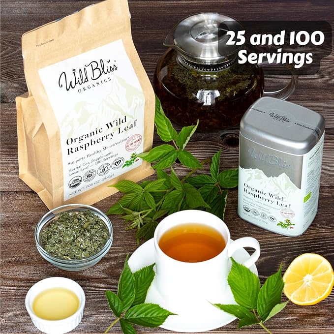 Wild Bliss Organic Red Raspberry Leaf Tea Pregnancy and Menstrual Support - Loose Leaf Herbal Tea - 7 Ounces - 100 Servings