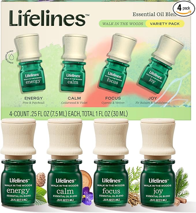 Lifelines Essential Oil Blends, 4-Pack - Blended Essential Oils with Precision Pump for Aromatherapy Diffusers - Long-Lasting Scented Fragrance - Walk in The Woods (Joy, Calm, Focus & Energy)