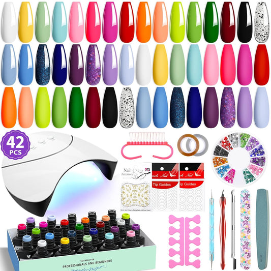 VANREESA 42 Pcs Gel Nail Polish Kit with U V Light 24 Colors Gel Polish Nail Kit Bright Pink Orange Green Glitter Blue Purple Nail Kit for Beginners Gifts for Women DIY at Home