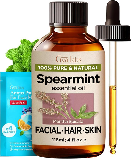 Gya Labs Spearmint Essential Oil for Facial Hair - Huge 4 Fl Oz - 100% Pure Natural Spearmint Oil for Diffuser, Skin, Massage, Aromatherapy & Candle Making Scent