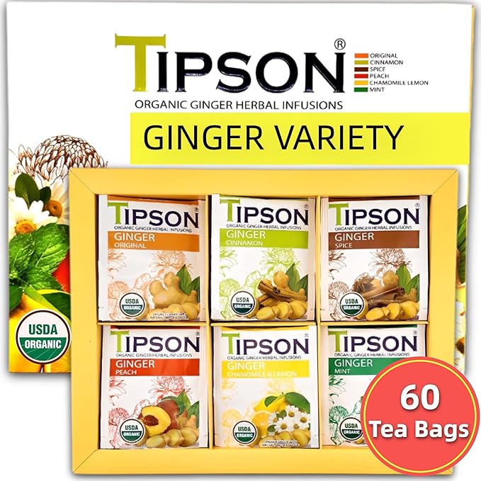 Tipson Organic Ginger Variety Sampler - 6 Flavors (60 Tea Bags), Herbal Tea Infusions - USDA Organic, Non GMO, and Gluten Free