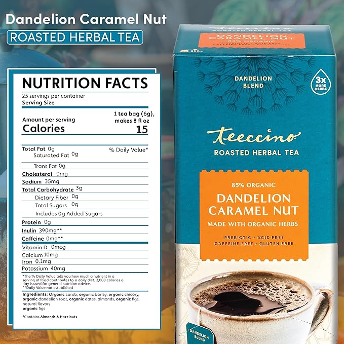 Teeccino Dandelion Caramel Nut Tea, 25 Tea Bags - Caffeine Free, Roasted Herbal Tea with Prebiotics, 3x More Herbs than Regular Tea Bags, Gluten Free, Great Hot or Iced, Herbal Tea