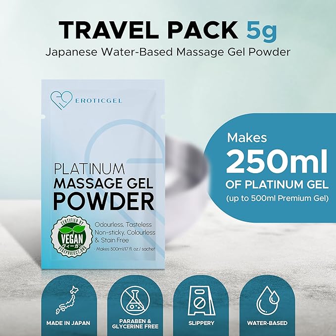 Premium Massage Gel Powder | 5g Travel Sachet Makes 500ml/ 16.9 fl oz | Made in Japan Paraben & Glycerine Free