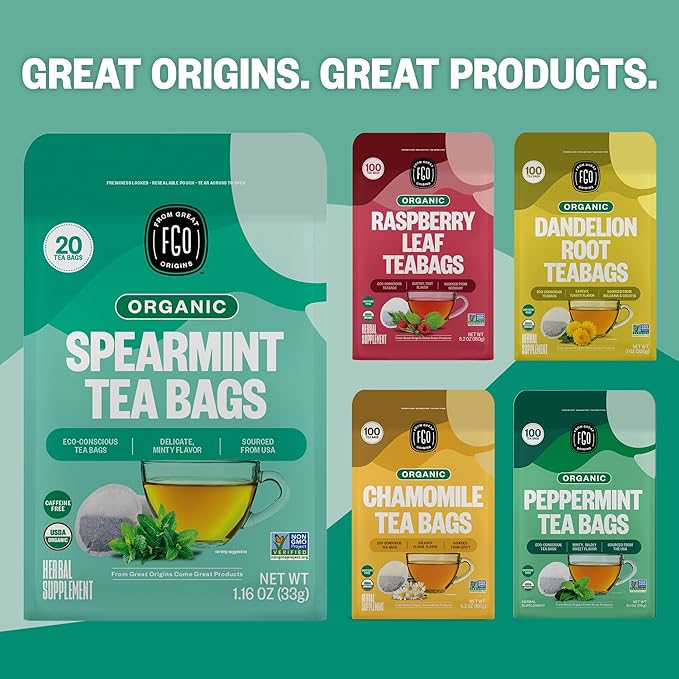 FGO Organic Spearmint Leaf Herbal Tea, 20 Count, Eco-Conscious Tea Bags, Caffine Free, Resealable Bag, Packaging May Vary (Pack of 1)