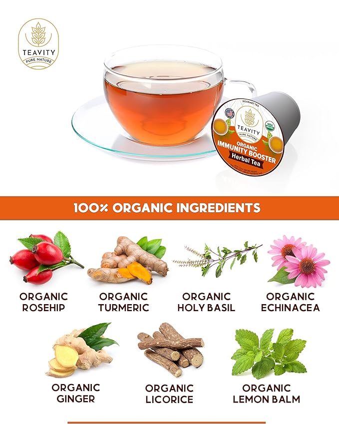 Organic Ginger Tea Pod with Echinacea, Turmeric, and Licorice for Keurig, Decaf by Teavity (12 Tea Pods)