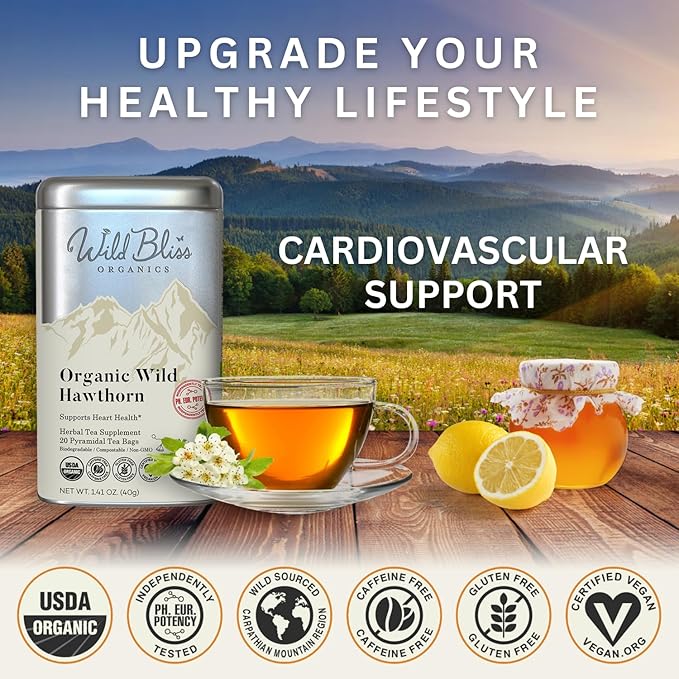 Wild Bliss Organic Wild Hawthorn Leaf and Flower Herbal Tea - Caffeine Free Heart Health Herbal Support - 20 Plant Based Tea Bags