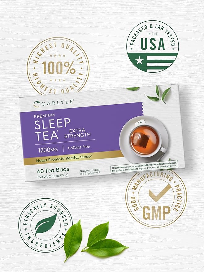 Carlyle Sleep Tea Extra Strength | 60 Tea Bags | Caffeine Free | Bedtime Tea | Herbal Blend with Valerian Root | Vegetarian, Non-GMO, Gluten Free