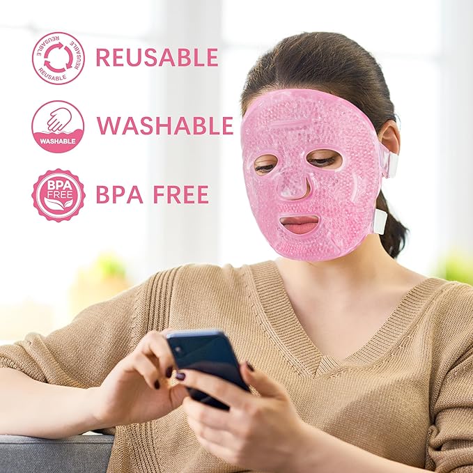 LotFancy Face Ice Pack, Reusable Ice Face Mask, Gel Bead Cold Face Eye Mask, Hot Cold Compress for Puffiness, Facial Routine, Post-Surgical Recovery, Headache, Skin Care, Post Laser Care
