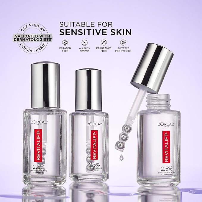 L'Oreal Paris Revitalift Hyaluronic Acid + Caffeine Hydrating Eye Serum for Dark Circles, Fragrance Free .67 fl. oz + Moisturizer Sample