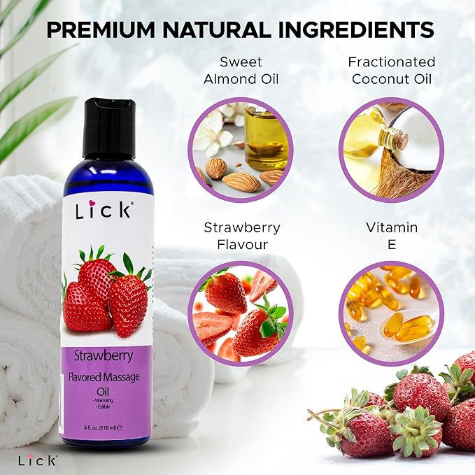 Lick Strawberry Flavored Massage Oil with Natural Vitamin E - Aromatherapy & Moisturizing Body Oil for Relaxing Muscle Massage - Essential Non-Sticky Skin Therapy for Men and Women - 4 oz