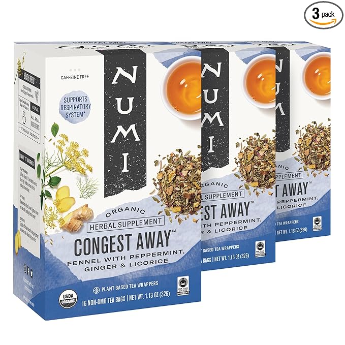 Numi Organic Congest Away Tea, 16 Tea Bags (Pack of 3), Fennel, Peppermint, Ginger and Licorice, Caffeine Free