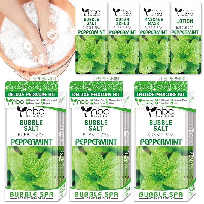 Pedicure Kit Foot Soak Set: Bubble Salt, Sugar Scrub, Massage Mask, Massage Lotion in a Box, 4 Step Foot Spa Kit for Dry Feet, Calluses and Tired Feet（3 Set Peppermint）