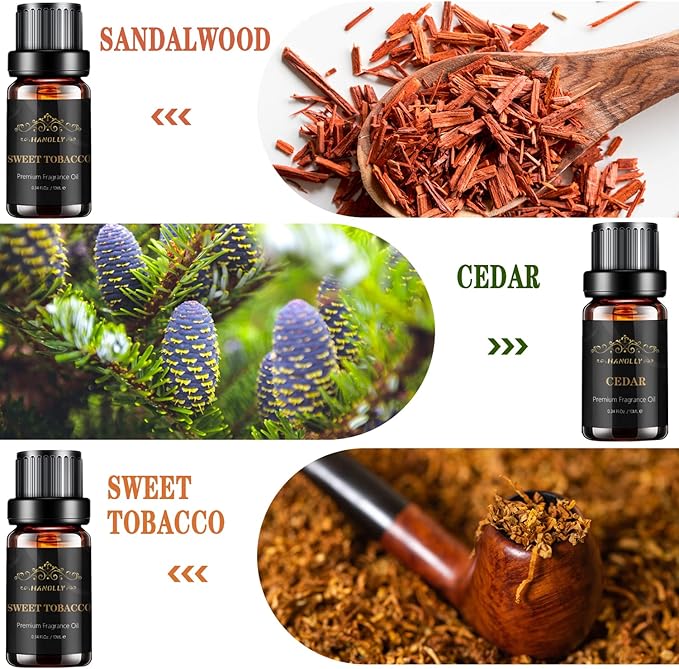Essential Oils Set, Men Scents Fragrance Oil Aromatherapy Essential Oils Kit for Diffuser (6x10ML) - Sandalwood, Cedar, Leather, Sweet Tobacco, Rum, Cologne Aromatherapy Oils Gift for Men