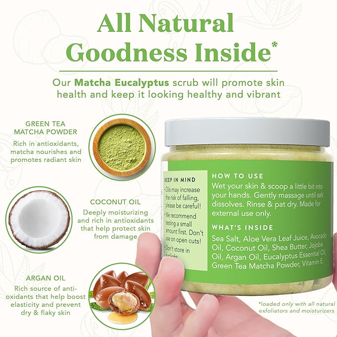Bare Botanics Matcha Eucalyptus Body Scrub 24 oz - Naturally Scented Sea Salt Scrub Made in Madison, WI - Formulated w/Skin Loving Moisturizers - Vegan, Cruelty Free Exfoliator w/a Cute Wooden Spoon