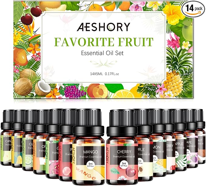 Fruity Essential Oils Set - TOP 14 Fragrance Oil for Diffusers, Candle Making Includes Strawberry, Apple, Pineapple, Cucumber Melon, Cherry, Mango, Lemon, and Orange Scented Aromatherapy Oils (5ml)