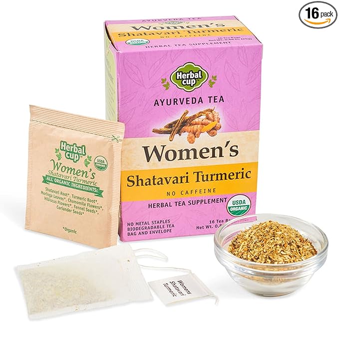 Herbal Cup Ayurveda Women's Tea, Organic Shatavari Turmeric, No Caffeine Herbal Teas (Women's Shatavari Turmeric, 16 Count (Pack of 1))
