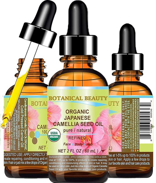 Botanical Beauty Japanese ORGANIC CAMELLIA Seed Oil. 100% Pure Natural Undiluted Refined Cold Pressed Carrier Oil to revitalize and rejuvenate the hair, skin and nails. 2 Fl. oz 60 ml