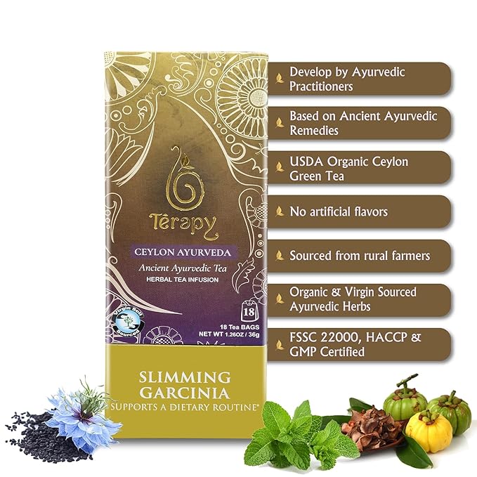 Térapy Ceylon All Day Slimming Tea | All Natural Herbal Ingredients featuring Garcinia Cambogia | Organic Herbal Slimming Tea Bags | Eco-friendly Individually Wrapped Tea Bags - 18 Count