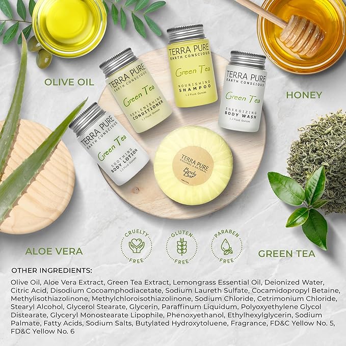 Terra Pure Green Tea Amenity Kit | Boxed Hotel Bulk Toiletries | 1 oz Shampoo, Conditioner, Lotion, Body Wash, Body Bar Soap for Guest Hospitality Vacation Rentals | 1 Set/Case