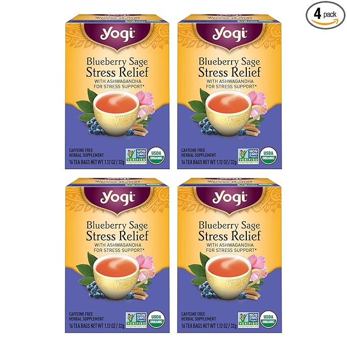 Yogi Tea Blueberry Sage Stress Relief - 16 Tea Bags per Pack (4 Packs) - Relaxing, Calming Tea to Support Stress Response - Includes Ashwagandha, Blueberry, Sage, Hibiscus & More