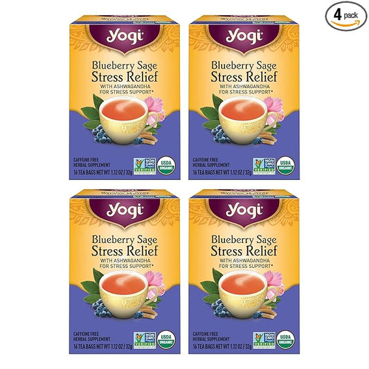 Yogi Tea Blueberry Sage Stress Relief - 16 Tea Bags per Pack (4 Packs) - Relaxing, Calming Tea to Support Stress Response - Includes Ashwagandha, Blueberry, Sage, Hibiscus & More