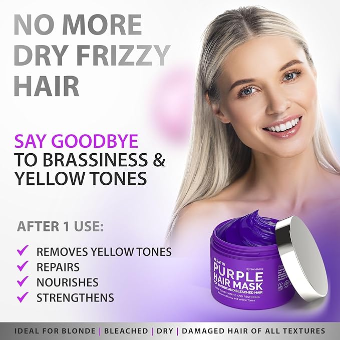 Sunatoria New Keratin Purple Hair Mask- Blonde Hair Purple Toner - Repair & Nourishment Treatment For Bleached, Brassy Hair - Blue Hair Mask, No Yellow Tones - Deep Conditioner For Color Treated Locks