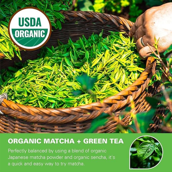 WT WEETEE Organic Matcha Green Tea Bags, Organic Japanese Matcha + Sencha Green Tea Blend 100 Pyramid Sachets, Easy & Quick to Brew for Cold or Hot