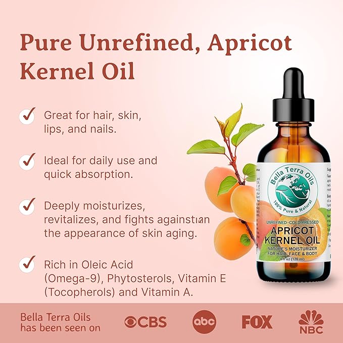 Bella Terra Oils - Organic Apricot Seed Oil 8 oz - Embrace the Bitter Organic Apricot Kernels Richness, Vitamin-Enriched, Perfect for Soothing & Moisturizing Skin