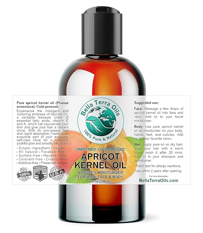 Bella Terra Oils - Organic Apricot Seed Oil 8 oz - Embrace the Bitter Organic Apricot Kernels Richness, Vitamin-Enriched, Perfect for Soothing & Moisturizing Skin