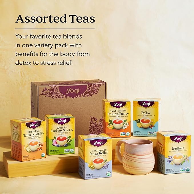 Yogi Tea Well-Being Variety Pack - 16 Tea Bags per Pack (4 Packs) - Black & Herbal Tea Sampler - Caffeine & Caffeine Free - Kava Stress Relief, Ginger, Sweet Tangerine Positive Energy & DeTox