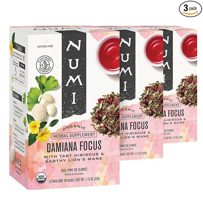 Numi Organic Damiana Focus Tea with Gingko, Lion's Mane & Hibiscus (Pack of 3), 16 Count Herbal Tea Bags